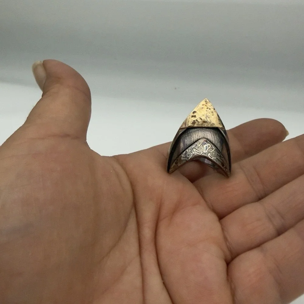 Vtg Custom Made Sterling Damascus Steel Ring Solid 14k Gold Inlay Hammered Read